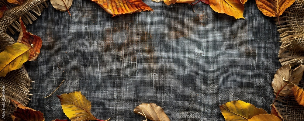 Aufkleber Autumn leaves and burlap fabric creating a frame on dark background with copy space