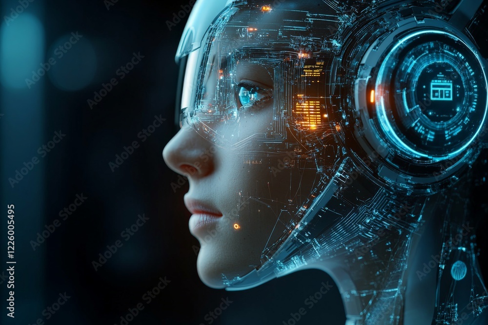 Fototapete robotic humanoid with futuristic technology visualized in a dark environment and glowing circuitry f