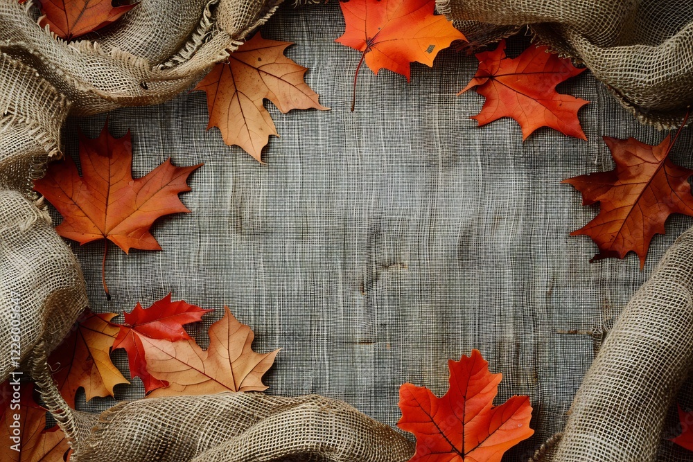Poster Rustic wooden background with colorful maple leaves and burlap framing empty space in autumn composition