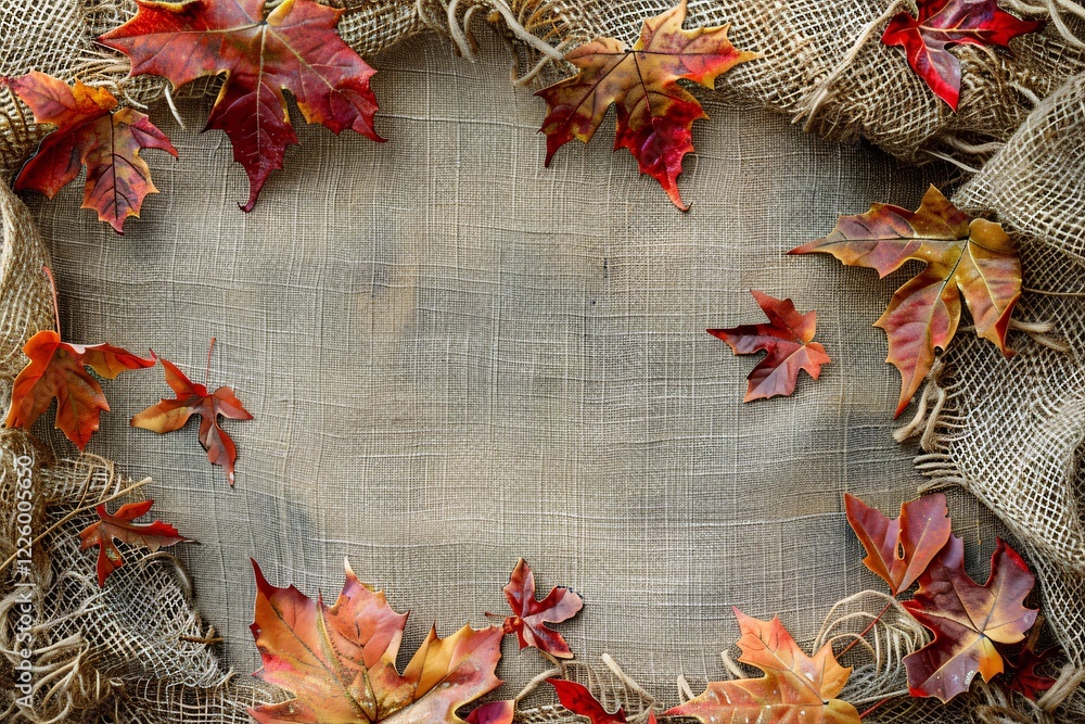 Aufkleber Red maple leaves making a frame on a burlap background with copy space