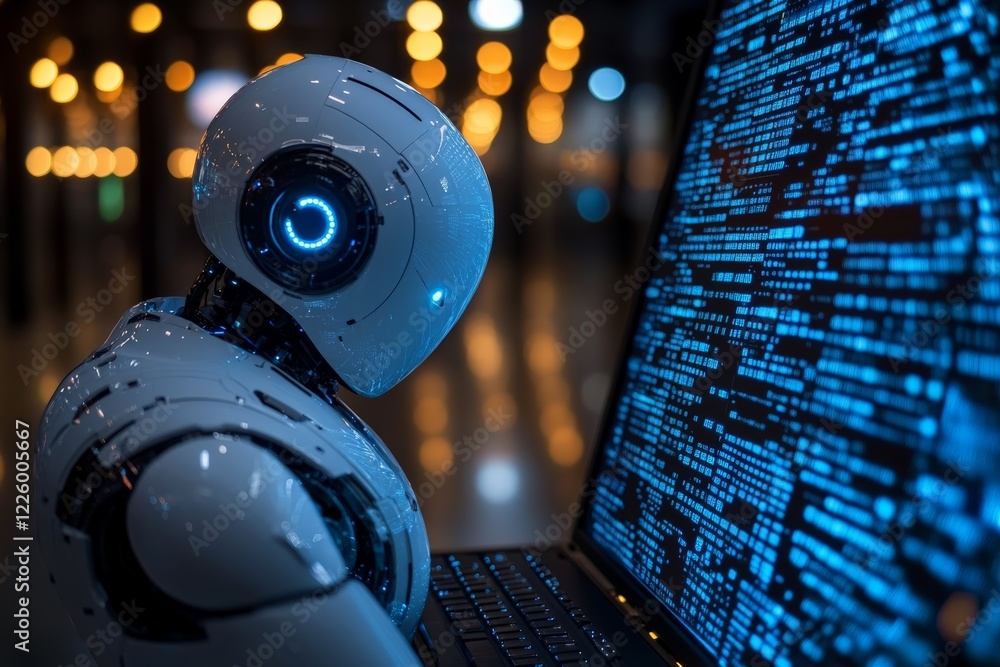 Poster robot analyzes data on a laptop in a modern tech environment during night hours