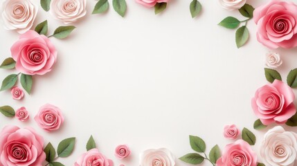 Beautiful Pink and White Roses on Soft White Background Creating an Elegant Floral Frame for Design Use