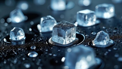 Fresh ice cubes melting on a wet reflective surface with dark lighting	