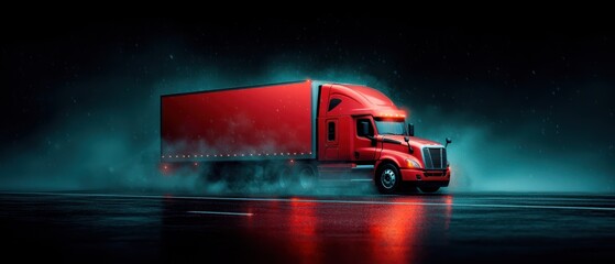 A vibrant red truck driving through a misty environment at night.