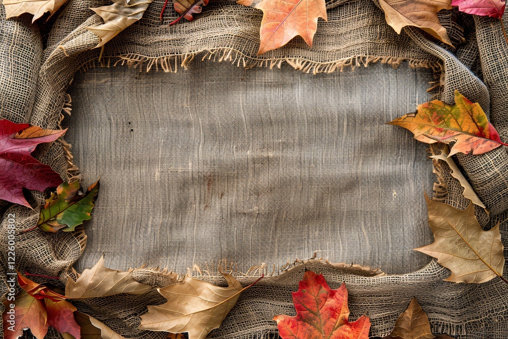 Poster rustic burlap backdrop with gray wood and autumn leaves border