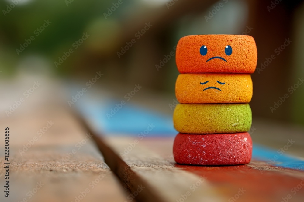 Poster stacked colorful stones with facial expressions on a wooden surface in a serene outdoor setting