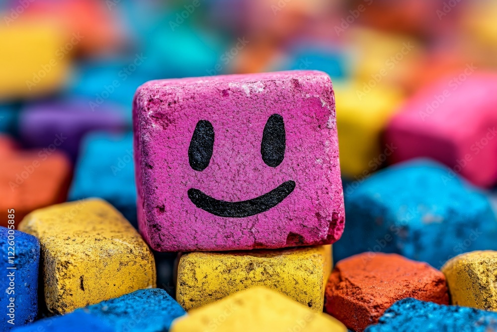 Poster colorful chalk pieces with a smiling face design create a vibrant display on a sunny day at the park