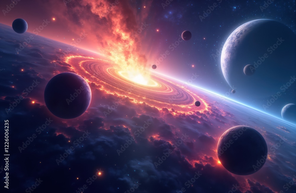 Poster abstract cosmos illustration portrays origin of life in universe. colorful nebulae, stars surround p