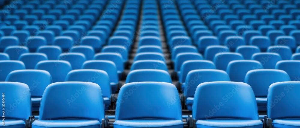 Poster rows of empty blue seats in a stadium during a quiet moment before an event or performance