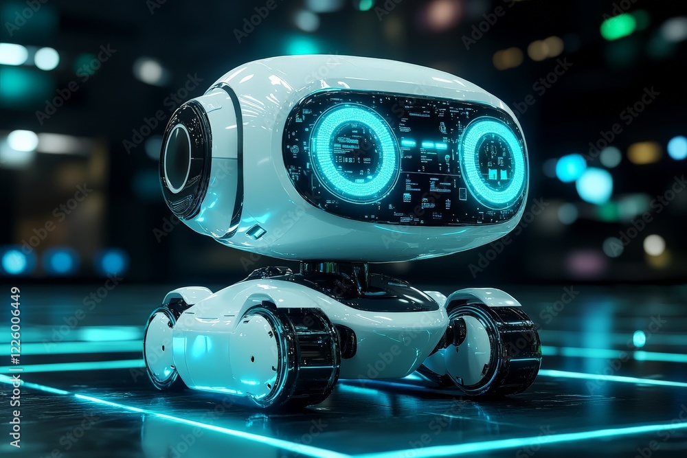 Aufkleber futuristic robot design with glowing eyes and sleek body on a digital grid floor at night