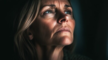 Fototapeta premium Mature woman with deep wrinkles gazes upwards.
