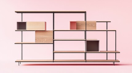 An industrial bookshelf with a unique geometric design, combining metal and wood on a lavender background.