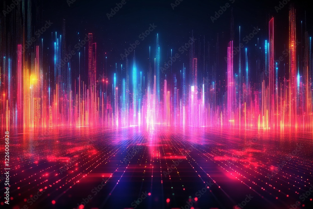 Poster colorful digital cityscape with glowing skyscraper-like structures at night in a futuristic setting