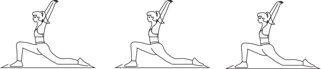 Three women practicing yoga warrior poses on a mat vector design.