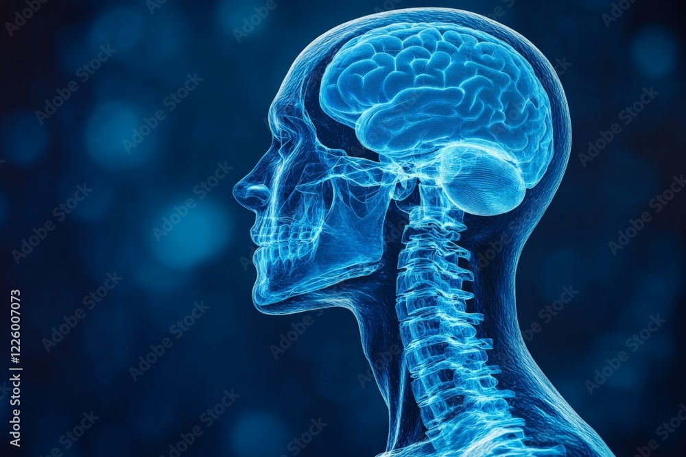 Aufkleber visualization of the human skull and brain anatomy in a blue toned design highlighting neural struct