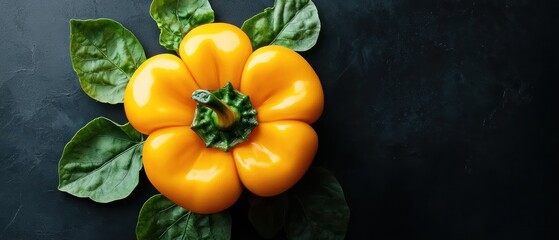 A vibrant yellow bell pepper atop fresh spinach leaves on a dark surface.
