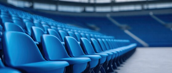 Naklejka premium Rows of Empty Blue Seats in Modern Stadium with Blurred Background and Natural Light