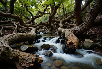 Fototapeta premium A tranquil cascade of water nestled amidst the intertwined trees of a woodland
