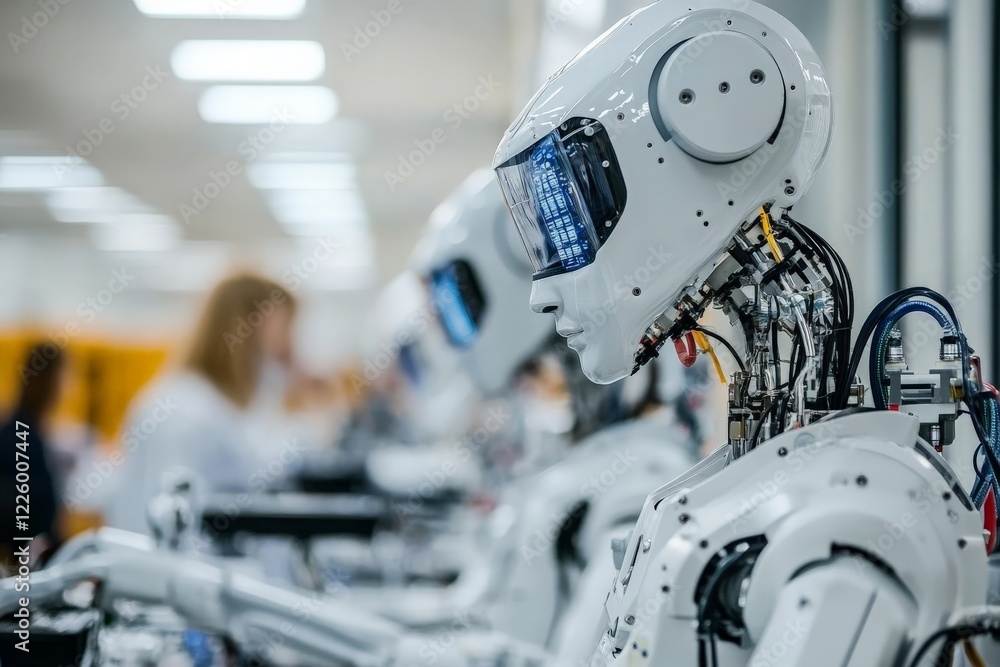 Poster robots on display in a modern technology workshop illustrating advancements in automation and roboti