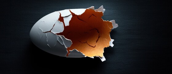 A cracked egg revealing a shiny, golden interior, symbolizing potential and transformation.