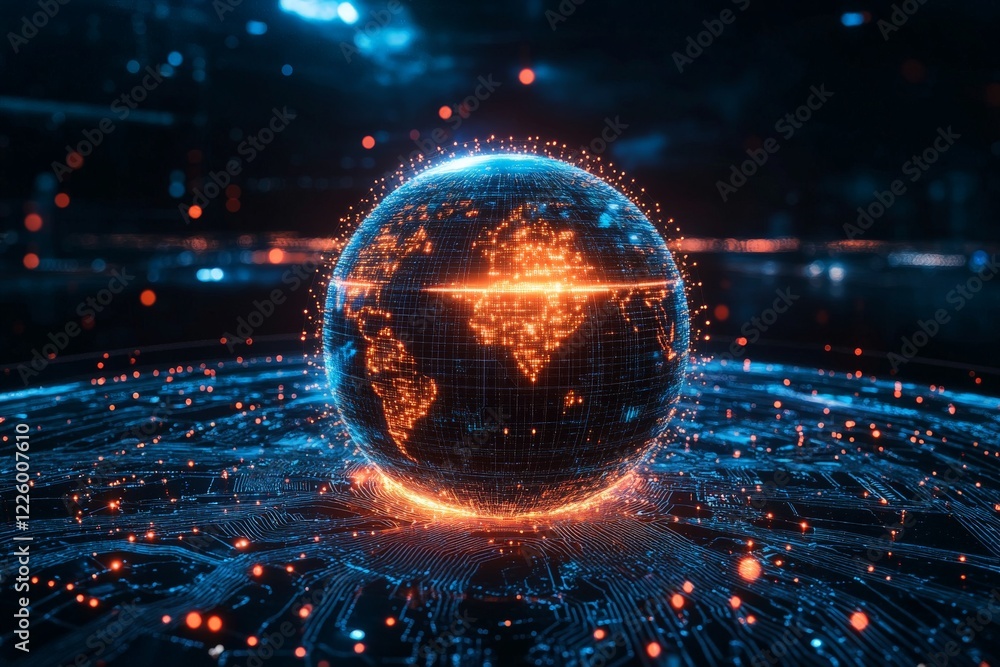 Poster Digital globe illuminated with intricate patterns against a dark backdrop during a futuristic display