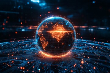 Digital globe illuminated with intricate patterns against a dark backdrop during a futuristic display