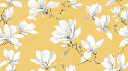 Wallpaper design featuring watercolor white magnolias on a yellow backdrop. Postcard.