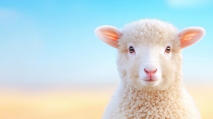 Fototapeta premium Cute lamb in pasture, spring sky background, farm animal, idyllic
