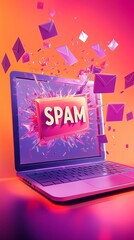 Creative explosion of vibrant envelopes bursting from a laptop screen with spam labels, showcasing digital chaos in vibrant colors