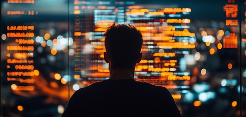 Silhouette of a man immersed in digital data against a vibrant office backdrop, creating a moment of deep focus and concentration at dusk