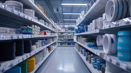 Fototapeta premium A clean and modern auto parts store aisle showcasing suspension parts neatly displayed.