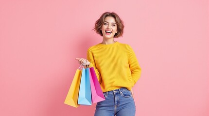  A smiling woman with shopping bags points to the side, promoting sales, discounts, or new arrivals