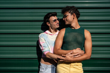 Affectionate gay couple embracing against green wall on a sunny day