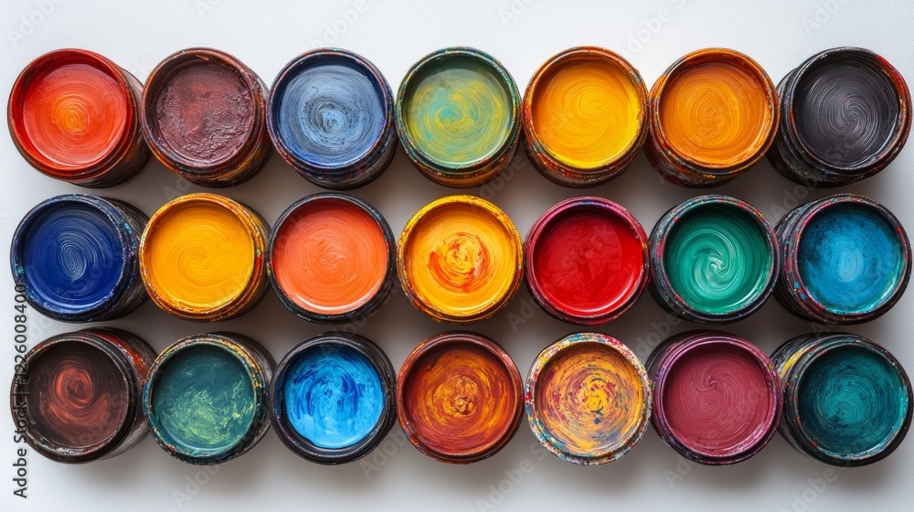 Poster vibrant array of open paint cans showcasing multicolored palette for artistic inspiration