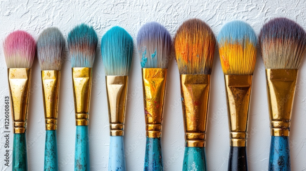 Poster rainbow array: vibrant paint brushes lined up artistically in rows ready for creative use