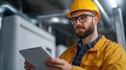 Construction Worker with Tablet in Industrial Setting Wearing Hard Hat and Glasses During Daylight Work Shift