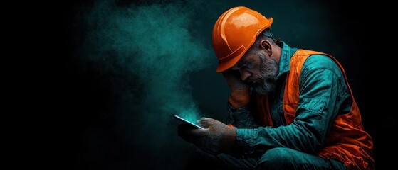 A weary construction worker sits in contemplation, holding a phone amidst a smoky backdrop.
