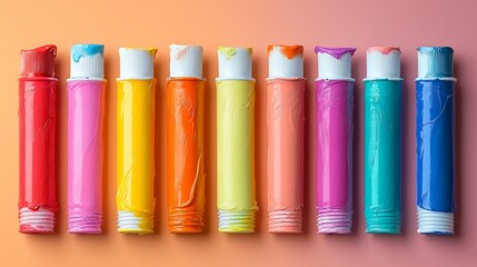 Naklejka premium Colorful Rainbow Paint Tubes Display in Harmonious Rows with Various Shades and Hues for Artistic Inspiration