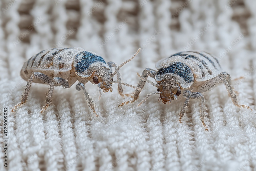 Poster Close-up of two light-colored beetles interacting on a textured fabric background in a natural setting