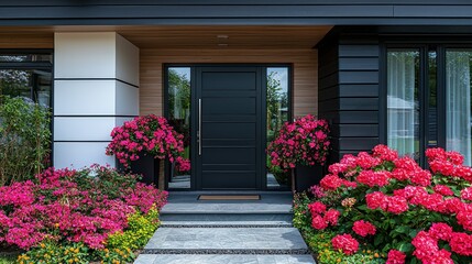 Modern Home Entrance with Vibrant Pink Flowers