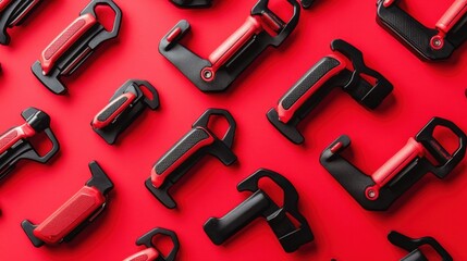 Obraz premium A collection of industrial clamps with rubber grips on a light red background.
