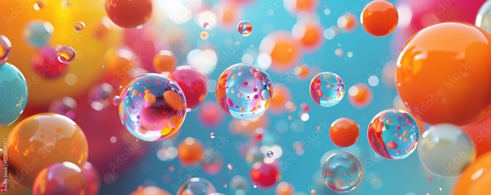 Poster colorful bubbles floating on a blue abstract background