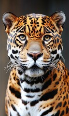 Fototapeta premium Jaguar portrait, intense gaze, wildlife reserve, dark background, nature photography