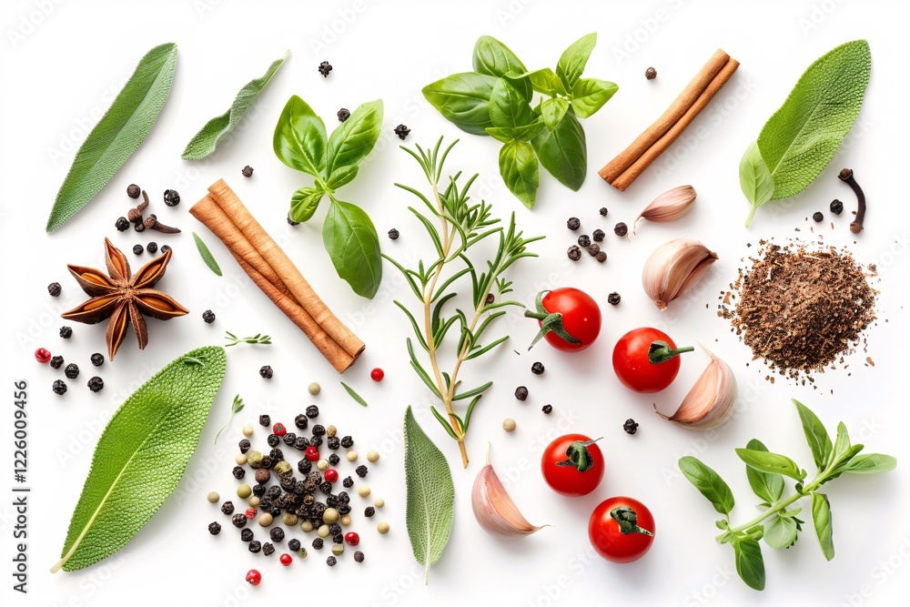 Poster fresh herbs and spices arranged in a decorative pattern on a white background
