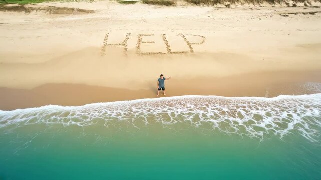 Man stuck on uninhabited tropical island, inscription HELP on sand beach, concept of castaway, sea, stranded person. 