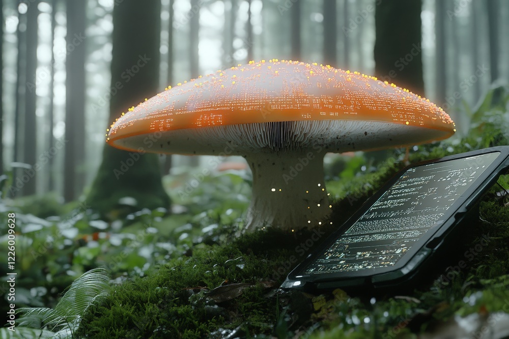 Aufkleber Mushroom with illuminated cap next to a digital device in a forest environment during daytime