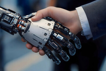 A human arm shaking a futuristic cyber arm