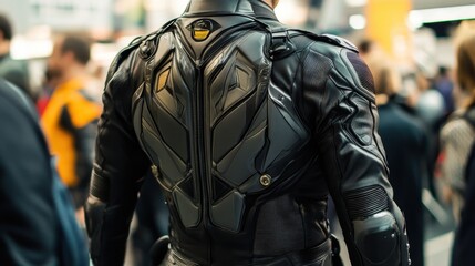 A detailed view of the back protector on a professional motorcycle racing suit.