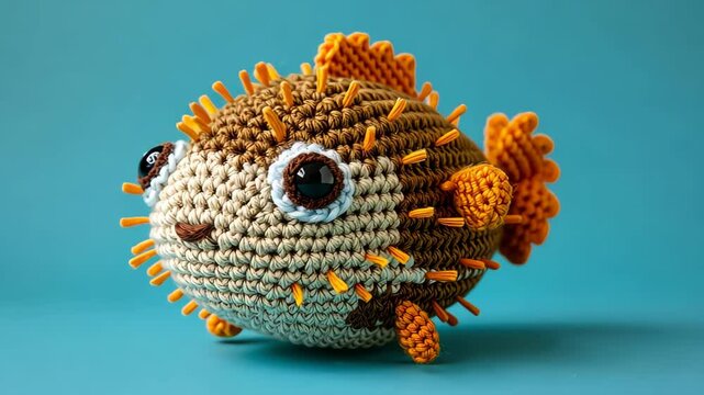 Crocheted porcupinefish toy vibrant backdrop, handcrafted and adorable, Ai Generated
