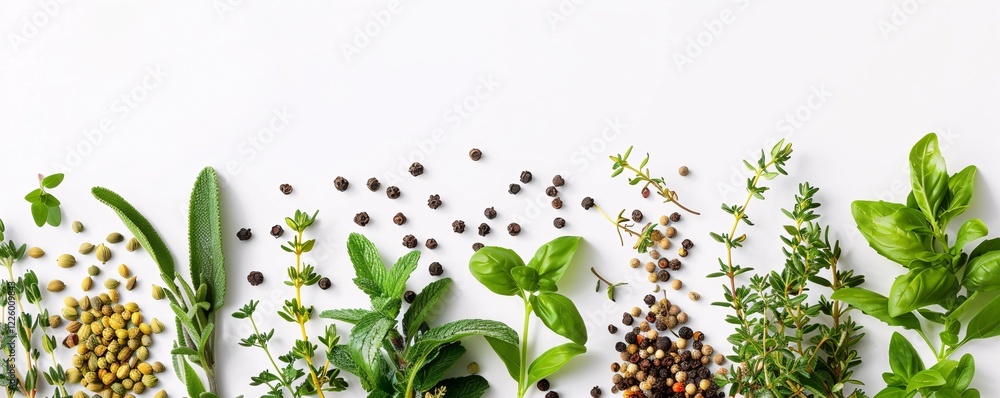 Poster vibrant and aromatic culinary border is created with fresh herbs and spices on a white background